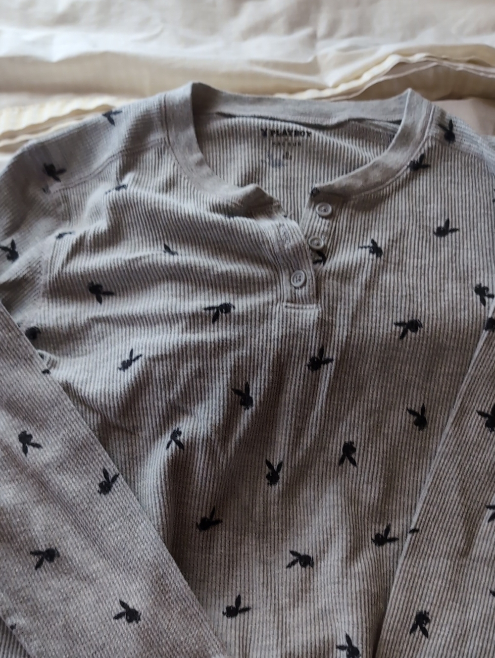 PLAYBOY Light Gray Ribbed Button Henley Top